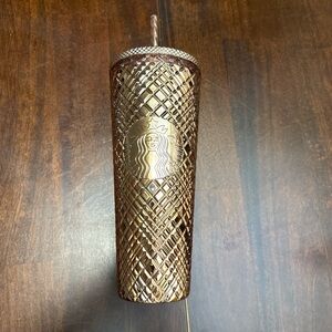 Starbucks 2023 Winter Holiday Jeweled 24oz Cold Cup Tumbler in Rose Gold.